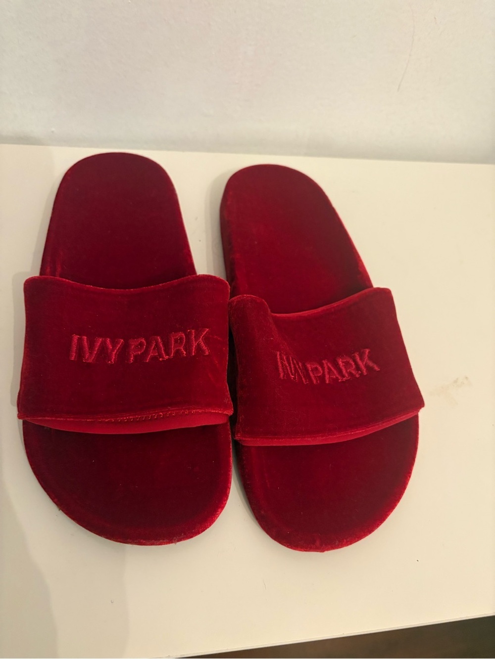 IVY PARK Velvet Slide Sandals in Deep Red